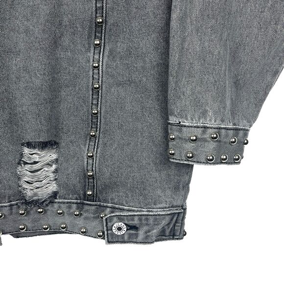 Denim Jean Jacket Womens SZ M Gray Button down Distressed Ripped Silver studs - Picture 7 of 13